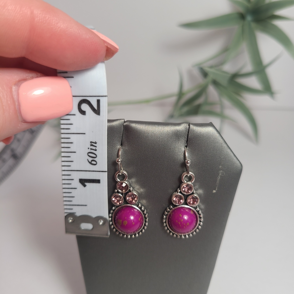 Pink Stone & Crystal Dangle Earrings – Silver Tone Boho Chic - Picture 3 of 4